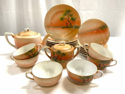 Set 20 Noritake Vintage Porcelainware: Undersides are marked NORITAKE. Lot includes 6 saucers, 6 salad plates, 6 teacups, 1 teapot with lid & 1 sugar dish with lid. Each piece has sunset images. Some elements appear to be hand painted. Sal