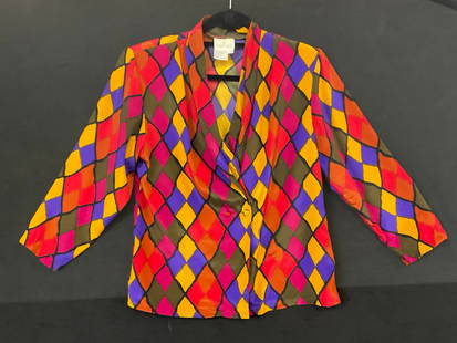 CARRY BACK Vintage Harlequin Checkered Blouse: CARRY BACK Vintage Multicolored Harlequin Checkered Blouse. Button closure. Tag reads CARRY BACK, 7/8, 100% Polyester, Made in Hong Kong. Shoulder pads to piece. Length measured flat approx. 25.5