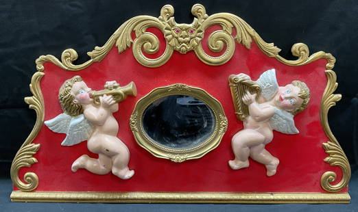 Sgn Haggerty Cherub Dragon Carousel Panel Mirror: Signed Ellie Haggerty carousel panel with mirror. Titled Twin Cherubs. Two cherubs playing trumpet and harp on panel with dragon head border finial and crystal accent eyes. Hand painted, red
