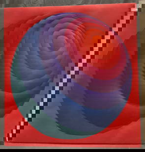 MCM Style Target Op Art Fabric Panel 3.5+Ft T: Mid century modern style op art fabric panel with stitched detail. Gradient red to blue concentric circle target pattern. Style of Verner Panton. No visible signatures. Measures approx 44 x 42