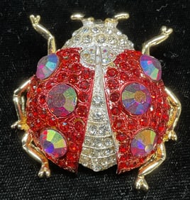 Gold Tn Crystal Enamel Ladybug Brooch