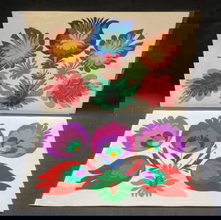 Lot 2 Wycinanka Polish Folk Art Flower Cut Outs: Lot of 2 Wycinanka polish folk art paper cut outs. Groups of flowers, purple, red, pink, and blue. Measure approx 7.75 x 11.5 inches each. Stamped on versos, made in Poland. Both pieces have some