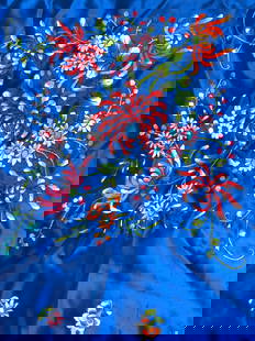Vintage Floral Asian Satin Scarf: Scarf is blue with embroidered multi toned floral and leaf detail. Scarf appears to be satin. Scarf appears to be vintage. Piece measures approximately 27 inches square. Scarf, satin scarf,
