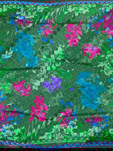 Hand Rolled Floral Detailed Silk Scarf: Scarf appears to be hand rolled. Piece is green with intricate multi toned floral and leaf detail. Scarf appears to be silk. Measures approximately 31 inches square. Scarf, silk scarf, hand
