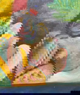 Nude Woman Reclining Oil Painting: Oil painting on canvas. Partially nude woman reclining. Bright hues, blue, yellow, red, green. Measures approx 28 x 22. Wear including tearing to canvas and residue. Art, fine art, oil painting,