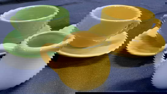 Lot 5 Porc Teacups Saucers & Creamer Dish: Lot includes 2 teacups, 2 saucers, & 1 creamer dish. Each piece is porcelain. Includes green and yellow tones. Each saucer measures approximately 4 inches diameter. Teacups, saucers, porcelain
