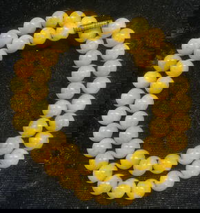 Vintage Yellow Jade Beaded Necklace: Vintage yellow jade round beaded necklace. Drop length approx 7.5 inches. Some wear including scratching observed. Jewelry, fine jewelry, estate jewelry, fashion jewelry, cocktail jewelry,