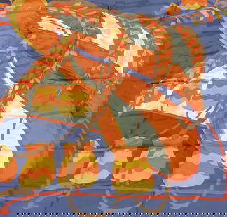 Christian Dior Blue & Orange Floral Silk Scarf: Christian Dior floral print silk scarf in blue and orange. Signed on corner. Hand rolled edges. Measures approx 30 x 30 inches. Wear including blemishes observed. Christian Dior, Christian Dior