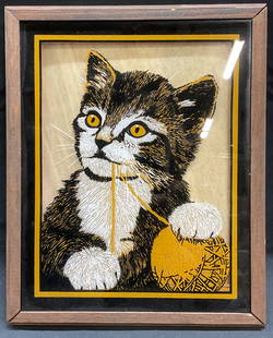 Kitten & Ball of String Reverse Painting on Glass: Framed reverse painting on glass. Kitten with ball of string in black and gold. Framed in wood frame. Not examined out of frame. Frame measures approx 10.5 x 8.5 inches. Some wear consistent with