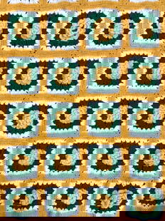 Yellow Rose Crochet Throw Blanket: Throw blanket is yellow, green, & white toned. Piece has crochet floral patterned detail. Blanket measures approximately 73 inches long 48 inches wide. Throw blanket, crochet throw blanket,