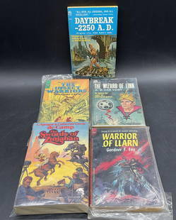 Lot 5 Vintage Science Fiction Adventure Books: Lot of 5 Vintage Science Fiction Adventure Paperback Books. Lot includes DAYBREAK -2250 A.D. by ANDRE NORTON published by ACE BOOKS. C. 1952. Measures approx. 6.5L x 4.25W in. Four other pieces are