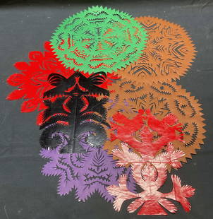 Group Polish Folk Art Rooster & Star Cut Outs: Group lot of handmade vintage Polish folk art cut out. Wycinanka. Rooster and star motifs. Largest approx 11 inches wide. All pieces have some wear including tearing and creasing. Art, folk art,