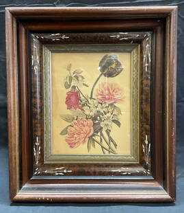 Framed Botanical Flower Bouquet Lithograph: Framed lithograph print. Botanical flower bouquet. Pink and green. Artist name on lower edge, obscured. Framed in decorative carved wood fame. Not examined out of frame. Frame measures approx