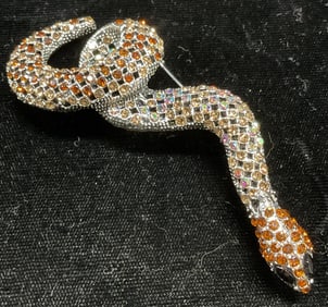 Silver Tn Crystal Snake Brooch, 3.5 in L