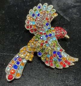 Gold Tn Multicolor Crystal Bird Brooch 3.25 In L