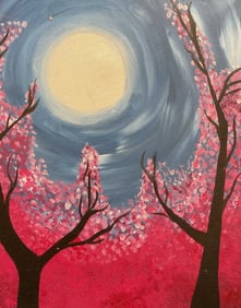 Cherry Blossoms & Full Moon Oil Painting