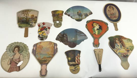 Lot 12 Handheld Fans & More: Lot includes 12 handheld fans/ fan ends. Includes floral & leaf depictions, landscape depictions, figural depictions, one has Pepsi cola Advertisement, Largest piece measures approximately 11