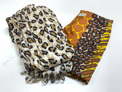 Lot 2 Pashmina & Silk Scarves: Tag reads PASHMINA. Other tag reads BURMEL ALL SILK. Lot includes 2 scarves. Including 1 leopard print, & 1 with various unique patterns. Largest scarf in lot measures approximately 69 inches