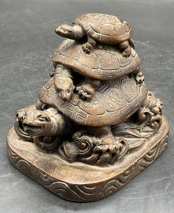 WORLD BUYERS Handmade Turtle Tower Figural: WORLD BUYERS Handmade Resinous Turtle Tower Figural. Sticker to underside reads HAND MADE IN THAILAND FOR WORLD BUYERS. Measures approx. 4H x 4.25W in. Chipping, surface wear, and discoloration