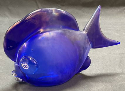Signed Blue Art Glass Fish Figural: Signed cobalt blue hand blown art glass fish figural. Signed illegibly on underside. Measures approx. 8 x 2 x 5.5 inches. Some surface wear including scratching observed. Art glass, art glass