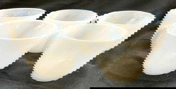 Set 5 Vintage Milk Glass Teacups: Lot includes 5 teacups. Each are white toned and glass. Teacups each have vine and acanthus leaf detail. Each teacup measures approximately 2.5 inches tall 3.5 inches wide 4.5 inches deep.