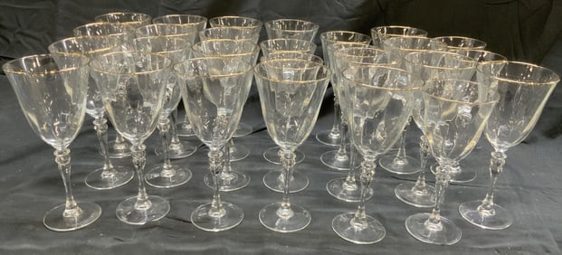 Set 27 Gilt Rim W Glass Wine Goblets