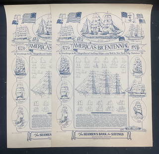 2 Seamans Bank 1976 American Bicentennial Posters: Pair of 1976 posters. The Seamans Bank For Savings. A Salute To Americas Bicentennial. Designed by John Harry Koulouvardis. Historic sailing ship motifs. Measure approx 20 x 14 inches each. Both