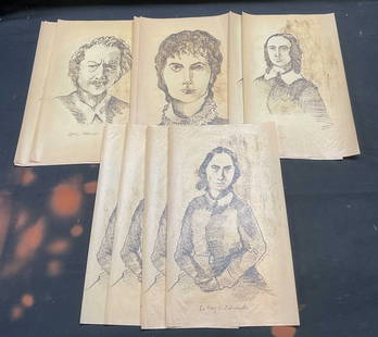 Group Lot C. Bestecka Stipple Polish Portraits: Group lot of signed C. Bestecka stipple portrait drawings. Appear to be tracing paper. Portraits of Helena Modrzejewska, Dr. Mary E. Zakrewska, Ernestine Petowska Rose, and Ignacy Poderewski.