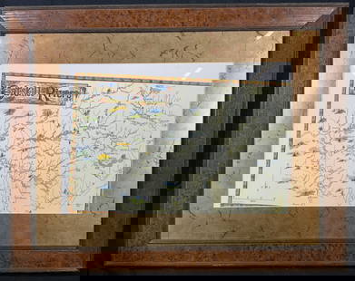 Framed Manikowski 1999 Catskill Rivers Lithograph: Lithograph on paper. Dated 1999. Art by Manikowski. Title reads Catskill Rivers. Subject depicts a spiderweb of rivers and marked towns. Framed in a brown wooden frame. Frame measures approx. 28
