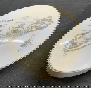 Islands of Bermuda Porcelain Trinket Box: Porcelain trinket box with islands of Bermuda motif. Round shaped. Measures approx. 4 x 1.75 inches. Some surface wear including scratching observed. Islands of Bermuda, Bermuda, Bermuda trinket