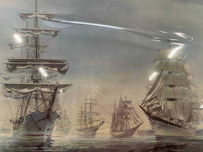 Newport 1976 Maritime Lithograph: Titled Newport 1976, series no.4 Subject depicts various ships on the ocean with their names on the margin of the litho Framed in a matte white metal frame Approximately 21 x28 window measures 20.5