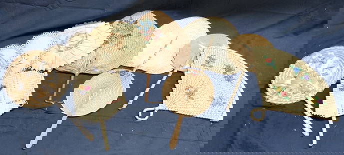 Lot 9 Assorted Woven Wicker Hand Fans: Lot includes 9 fans. Each have varying tan tones. Some pieces have floral and leaf detail. Hand fans appear to possibly be vintage. Largest piece measures approximately 15 inches tall 10 inches
