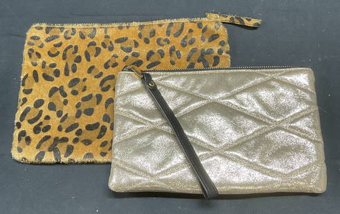 2 Forever 21 & Urban Expressions Clutch Bags: Forever 21 faux fur leopard print clutch. Signed on interior. Urban Expressions metallic gold quilted clutch. Signed on interior. All synthetic materials. Larger measures approx 7.5 x 10.5