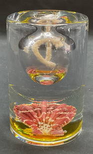 Art Glass Shell & Rope Nautical Display: Nautical art glass display with shell and rope. Measures approx 3.25 x 5.25 inches. Piece has weight. Some surface wear consistent with exposure. Nautical decor, shell display, rope display, art