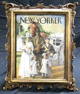 Vintage Framed THE NEW YORKER Mag Cover: Piece reads THE NEW YORKER. Depicts a family with instruments in front of a horse, carriage and house. Piece has ornate floral, scroll and leaf gilt wood frame. Frame has stand on backside. Piece