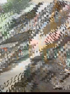 Julien Celos Belgian Street Hand Colored Print: Hand colored print of an original painting by Julien Celos. Reproduction print. Belgian street scene. View of houses on water. Signature and edition number in print along lower edge. Published by