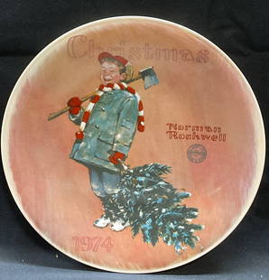 1974 Norman Rockwell Christmas China Plate: 1974 Ridgewood fine china Norman Rockwell Christmas plate. Rockwell Society of America. Titled Scotty Gets His Tree. Signed on underside. Includes certificate of authenticity and box. Plate