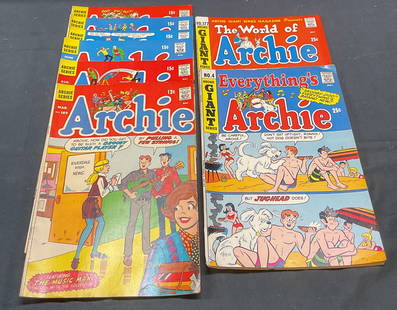 Group Lot Archie Series Comic Books 1969: Group lot of 8 Archie Series comic books. Archie and Everythings Archie. Various issues. All illustrated. Earliest published 1969. Measure approx 10.25 x 7 inches. All comic books have wear to