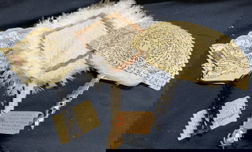 Lot 3 Vintage Assorted Tribal Handheld Fans: Lot includes 3 handheld fans. Each are vintage. One appears to be crafted from Mulberry bark & feathers, one includes tag which SS SANNA WATER BUFFALO, Third fan appear to possibly be Leather.