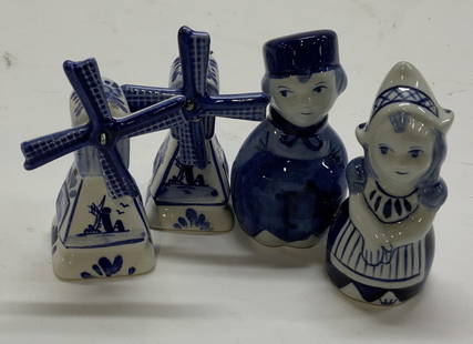 Vtg Delft Style Porc Salt & Pepper Shakers 2prs: shakers 2 Sets Blue and white hand painted sets of porcelain Delft style salt and pepper shakers boy /girl and windmills. Boy and Girl approximately 2 3/4 in and windmills 3 inches.
