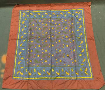 Brooks Brothers Blue & Red Paisley Scarf: Brooks Brothers blue and red paisley print scarf. Feels like silk. Made in England. Measures approx 27 x 27 inches. Wear including blemishes observed. Brooks brothers, brooks brothers scarf,