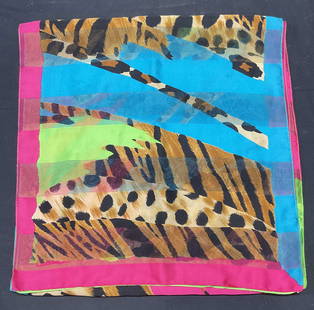Honey Green Pink Blue Animal Print Scarf: Honey green, pink, and blue scarf with animal print. Synthetic material. Measures approx 60 inches long. Some wear including pulls and small holes observed. Scarf, designer scarf, honey scarf,