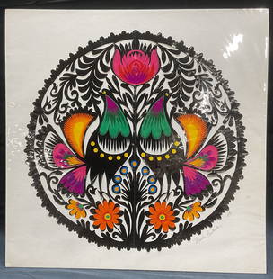 Sgn Bestecka Wycinanka Rooster Paper Cut Out: Signed Ursula Bestecka Wycinanka Polish folk art paper cut out. Floral and rooster design in black, orange, pink, and green. Signed and dated 1973 at lower right. Measures approx 16 x 16 inches.