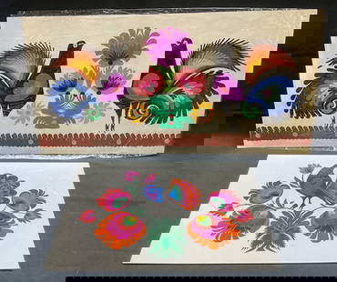 Lot 2 Polish Folk Art Rooster Wycinanka Cut Outs: Lot of 2 handmade Polish folk art Wycinanka paper cut outs. Rooster and flower designs. Vibrant colors, orange, pink, blue, and green. Larger piece measures approx 9.5 x 19.5 inches. Larger piece