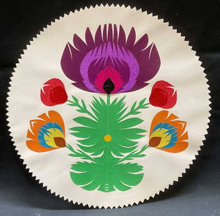Sgn W Rutkowska Wycinanka Flower Cut Out: Wanda Rutkowska Wycinanka Polish folk art paper cut out. Flowers, vibrant hues of green, red, purple, orange, and blue. Signed with stamp on reverse. Made in Poland. Measures approx 9.5 inches