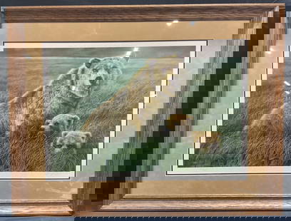 Signed Nancy Glazier Double Trouble Grizzly Print: Framed and matted limited edition signed Nancy Glazier print. Signed at lower right. Edition number 633/850. Titled Double Trouble Grizzlies. Grizzly Bear with cubs. Framed in wood frame. Not