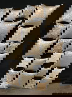 Geometric Shell Finish Metal Wall Sculpture 38inL: Geometric Metal Wall Sculpture. Features metallic and shell finishes to the square form shapes. Measures approx. 38L x 23.5W in. Chipping, losses, and surface wear present. home decor, home