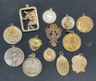 Group Lot Vintage Pendants, Religious, Zodiac +: Group lot of vintage pendants with assorted motifs. Includes zodiac, religious, and travel themes. Gold and silver tone. Largest measures approx. 1.25 inches long. One pendant signed Sarah