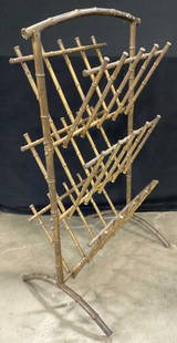 Vintage Gilt Iron Bamboo Motif Organizer Rack: Vintage Gilt Iron Bamboo Motif Hollywood Regency Style Organizer Rack. Weighty piece. Measures approx. 37.5H x 21.75W in. Losses to finish, discoloration, and surface wear present. Wobble to