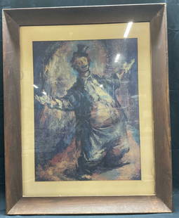 After Iver Rose Circus Clown Framed Lithograph: Framed and matted lithograph after Iver Rose. Clown wearing shabby clothing and hat. Framed in wood frame. Not examined out of frame. Frame measures approx 29.75 x 23.7& inches. Wear to frame
